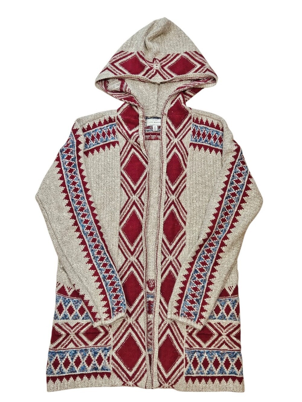 Lucky Brand Red Aztec Southwestern Jacquard Knit Hooded Cardigan Sweater Small